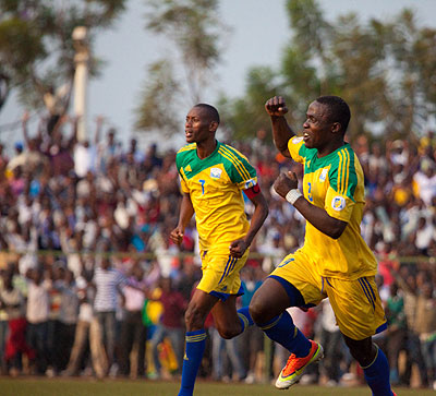 Michel Ndahinduka celebrates his first international goal for Amavubi Stars. Saturday Sport/ T. Kisambira.
