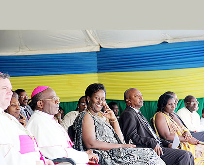 FROM LEFT: Nonce apostolique Ruciano Ruso, Monsignor Jean Damascene Bimenyimana, First Lady Mrs. Jeannette Kagame, Western Province Governor Celestin Kabahizi and the Minister in th....