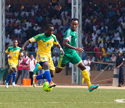 Amavubi striker Michel Ndahinduka seen here in action against Ethiopia in a recent  CHAN qualification match. Rwanda lost 6-5 on penalties after a 1-all draw aggregate in Kigali. The N....