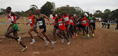 APR's Godfrey Rutayisire leading the men's 12km pack but failed to keep the pace and ended up in 22 position. Saturday Sport/Courtesy.