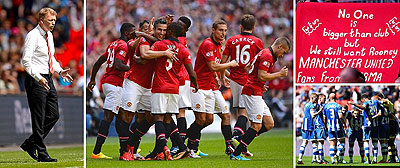 Van Persie at the double as Moyes claims first silverware for Reds who prosper in Rooney's absence. Net photo.