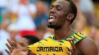 Usain Bolt celebrating after winning gold in Moscow. Net photo.