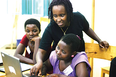 Akaliza Keza Gara facilitates students during an ICT training at Gashora  Girls Academy recently. The New Times/ Sarah Kwihangana