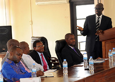 Justice Minister Johnston Busingye addresses lawyers on Monday.   The New Times/ John Mbanda. 
