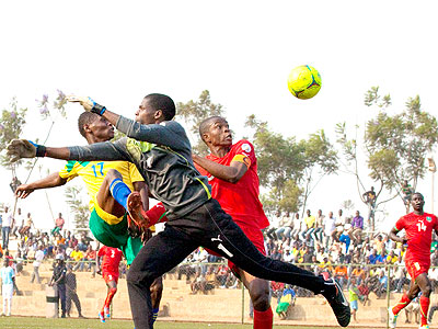 Striker Emmanuel Sebanani (#17) had Rwandau2019s best chance to find an equalizer but his goal-bound attempt was cleared off the line by a defender in the first half. Times Sport/T. Kisambira.