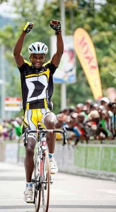 Bonaventure Uwizeyimana celebrates after winning  a past local race. Times Sport / File