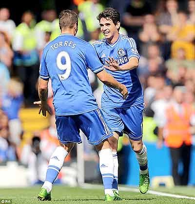 Oscar set Chelsea going in the 13th minute and there was no way back for Hull from there. Inset Mourinho blowing kisses to the Chelsea fans. Net photo.