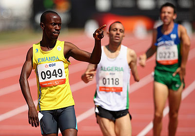 Rwandau2019s IPC World Athletics Champion  Hermas Cliff Muvunyi (L) during a past competition. Net photo