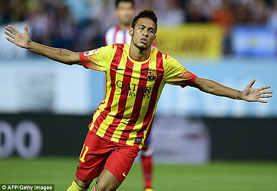 Neymar celebrates scoring for his new club having arrived at Barcelona from Santos in a u00a348m deal