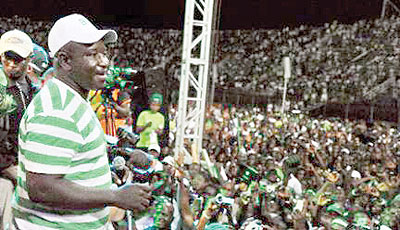 Julius Maada Bio addresses supporters at the national stadium in Freetown on November 15, 2012. He has stepped down as leader of the Sierra Leone Peopleu2019s Party. Net photo.