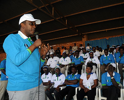 Dr Biruta addresses party faithful at Gicumbi Stadium yesterday.   The New Times/ John Mbanda. 