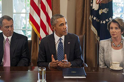Obama met house speaker Boehner and Pelosi at the White House. Net photo.