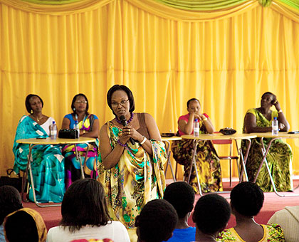Former Speaker Rose Mukantabana campaigns before the Kigali women electoral college, yesterday, with her opponents in the background. The New Times/ Timothy Kisambira.