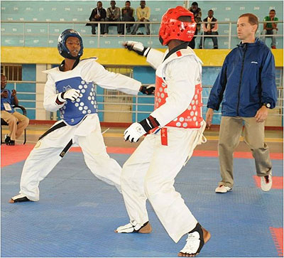Local Taekwondo players exhibiting their skills during the East African tournament early this year at Amahoro stadium. The New Times / File.
