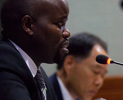 Minister Nsengimana and Hyoungsick Bahn during a news briefing on Tuesday. The New Times/Timothy Kisambira