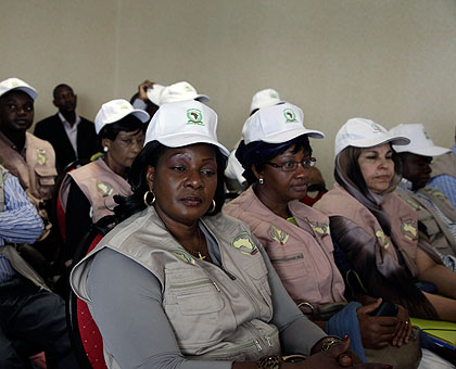 Some of the  African Union election observers during a press briefing yesterday. The New Times/ John Mbanda.