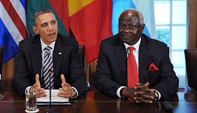 US President Barack Obama speaks following a meeting with African leaders including Sierra Leoneu2019s President Ernest Bai Koroma (right) on March 28, 2013 in the Cabinet Room of th....