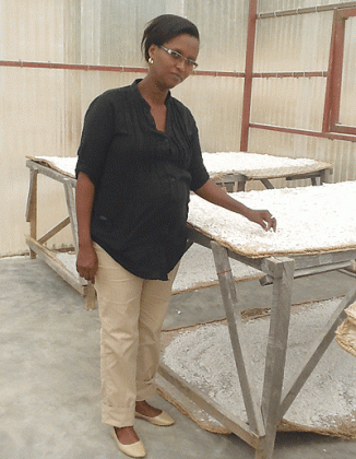 Dusabe checks cassava pieces that have been prepared for processing. The New Times / Seraphine Habimana