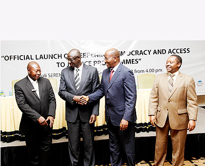 L-R; Manneh, Busingye, Musoni and Shyaka at the launch of u2018deepening democracyu2019 in Kigali yesterday. The New Times/ John Mbanda.