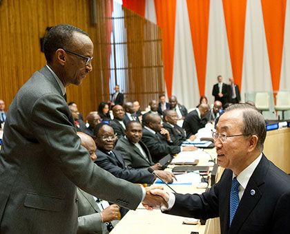 UN Secretary-General Ban Ki-moon welcomes President Kagame to the High Level Meeting on the DRC Framework at the United Nations headquarters in New York yesterday. The New Times/Village Urugwiro