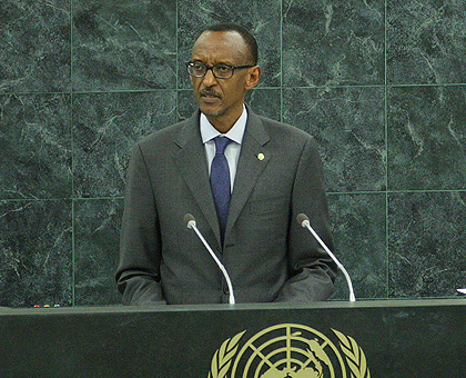 President Kagame addresses the 68th UN General Assembly in New York yesterday. The New Times/Village Urugwiro