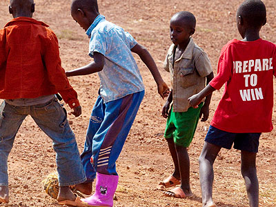 Children play football. World leaders want education for refugee children prioritised. The New Times/File