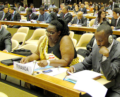 Minister Mukantabana (L) during the conference in Geneva, Switzerland, yesterday. The New Times/Courtesy