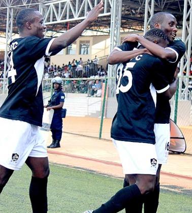 Isaiah Isonga celebrates with team mates after scoring APR's first goal against Esperance FC at Stade de Kigali on Sunday. Times Sport; Don Dedieu Mugis
