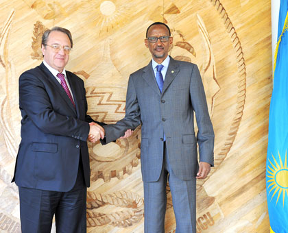 President Paul Kagame and the Russian Deputy Minister of Foreign Affairs, Mikhail L. Bogdanov after meeting yesterday at Village Urugwiro, Kigali. The New Times/ Village Urugwiro. 