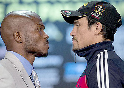 Bradley (left) and Marquez (right) put their game faces on at their final pre-fight press conference. Net photo