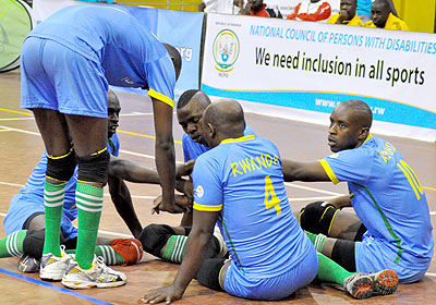 GETTING READY: Defending champions, Rwanda prepare for the opening match against Kenya yesterday at the National Paralympic Committee gymnasium. Saturday Sport / P. Muzogeye. 