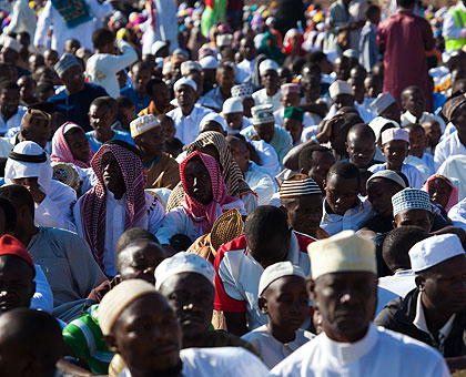 Faithful yesterday gathered at the  Kigali Regional Stadium in Nyamirambo for Eid al-Adha prayers.   The New Times/ Timothy Kisambora. 