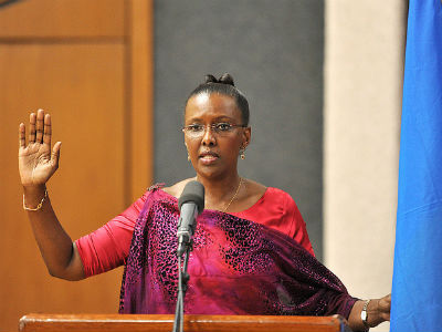 RDB's Chief Executive Officer Amb. Valentine Rugwabiza swearing-in today. The New Times/Village Urugwiro