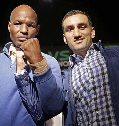 Bernard Hopkins, left, and challenger Kora Murat, pose for photographers during a news conference on Wednesday in New York. Net photo.