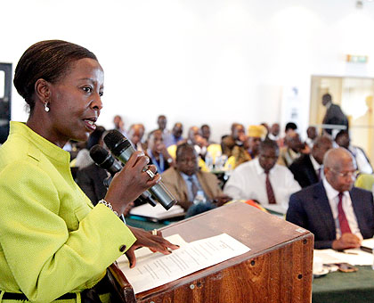 Foreign Affairs minister Louise Mushikiwabo addresses delegates at the tripartite meeting in Kigali yesterday. The New Times/ John Mbanda.