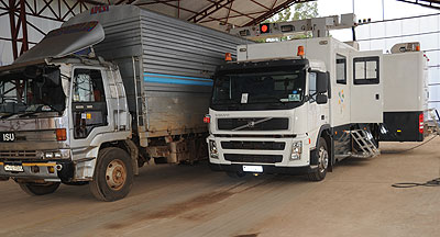 Cargo trucks drive through a weigh bridge facility at the Gatuna border post. The News Times /File. 
