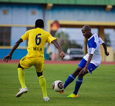 Rayonu2019s Djamal Mwiseneza (right) scored the lone goal at Amahoro stadium last evening. Times Sport / T. Kisambira