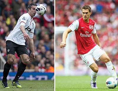Robin van Persie (L) will be hoping to dent his former side's title aspirations. Aaron Ramsey (R) is enjoying his best scoring form and will be looking to continue at Old Trafford. Net photo.