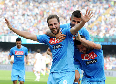 Gonzalo Higuain, who scored twice in the Champions League win over Marseille on Wednesday, will lead a stellar Napoli forward line. Net photo