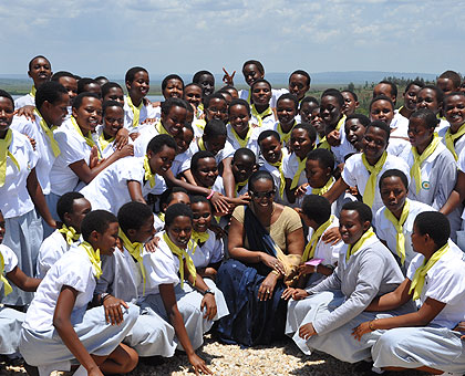 Mrs. Kagame with students of Gashora Girlsu2019 Academy at a past event. The First Lady has been hailed for her excellent work in women empowerment in Rwanda and the continent.  The New Times/ File. 