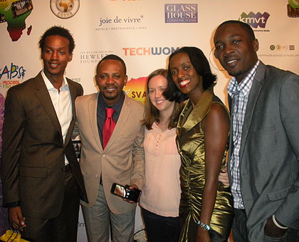 Ndahayo (2L) with colleagues after winning the Silicon Valley African Film Festival Best Documentary Feature film award for The Rwandan Night last month.  The New Times/Courtsey.