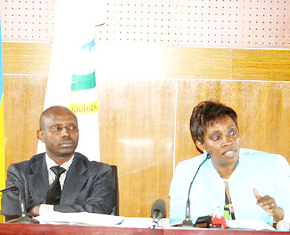 Minister Muhongayire (R) briefs the media in Kigali yesterday as her permanent secretary Innocent Safari looks on.  The New Times/ Courtesy.