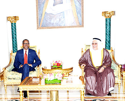 President Kagame is welcomed by Sheikh Ali al-Jarah Al Sabah, the representative of the Amir of Kuwait, on arrival yesterday. The New Times/ Village Urugwiro.