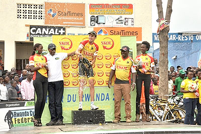 Team MTN-Qhubeka's Johann Zyl Van celebrates after winning Stage  Four of Tour of Rwanda. Times Sport / P. Kamasa.