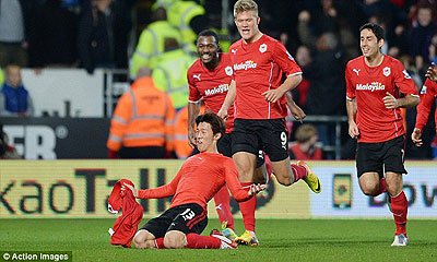 Bo-Kyung Kim celebrates his late goal for Cardiff to make it 2-2. Net photo.