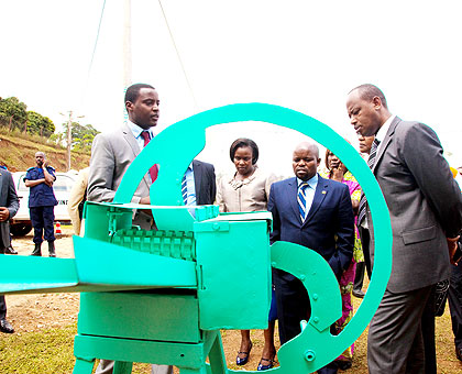 Integrated Polytechnic Regional Centre Principal Diogene Mulindahabi (L) explains how a water pump operates to  Ugandau2019s Education minister Jessica Alupo (C), Youth and ICT minister  Jean Philbert Nsengimana (2nd R), Albert Nsengiyumva, the minister of state for education The officials were visiting stalls at the TVET Expo in Gikondo, Kigali, before a sympossium.  The New Times/ Timothy Kisambira.