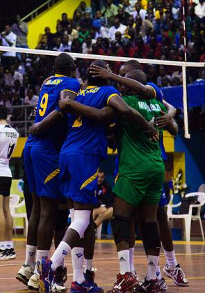 National palyers celebrate after gaining a point against African champions Egypt in a game the home team lost by 3 sets to 1. Saturday Sport / T. Ksambira.