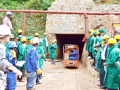 Global mining officials prepare to enter a tunnel at Rutongo Mines in Rulindo District during a tour of the mining sector in the country last month. The New Times/File