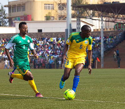 Striker Meddie Kagere (with the ball) should play a pivotal role when Amavubi face Kenya in a tricky quarter final match set for this afternoon in Mombasa. Saturday Times/ T. Kisambira