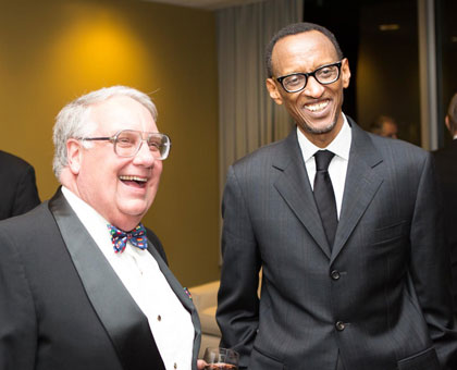 President Kagame and Howard Buffett share a light moment during the International Quality of Life Award held at the UN Headquarters in New York on Tuesday. The New Times/Village Urugwiro